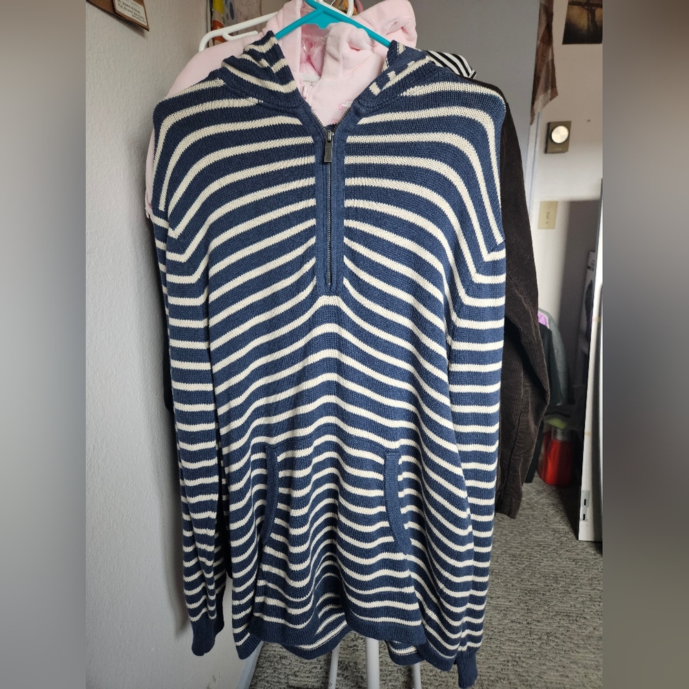 Womens' Blue and White Even Tide Striped Knitted Hoodie